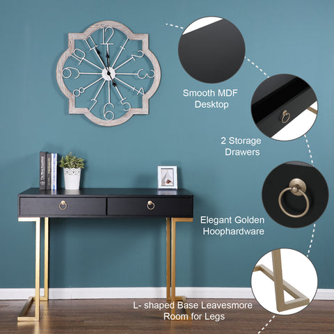 PHI VILLA Double Drawer Desk with Steel Legs, Home Office Computer Desk or Vanity Table