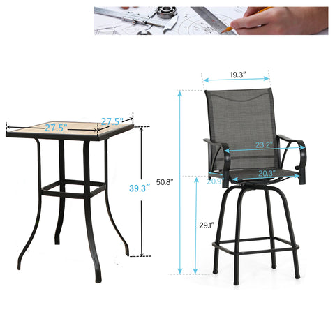 Patio High Bar Stool Set Wood-look Table & Grey Textilene Sling Fabric Swivel Bar Stools