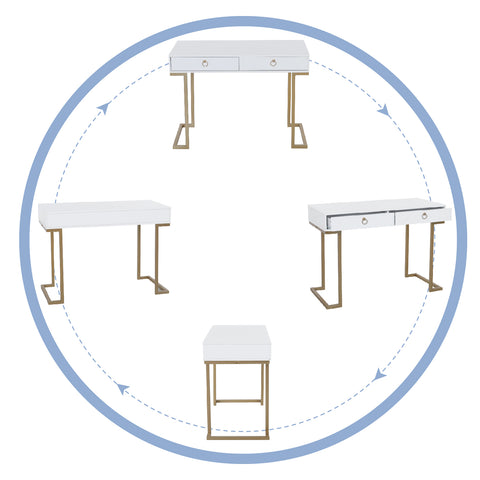 PHI VILLA Double Drawer Desk with Steel Legs, Home Office Computer Desk or Vanity Table