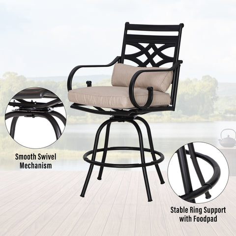 PHI VILLA Patio Bar Stool Set 46"Classic Cast Iron Pattern Back High Bar Stools & Geometrically Stamped High Table