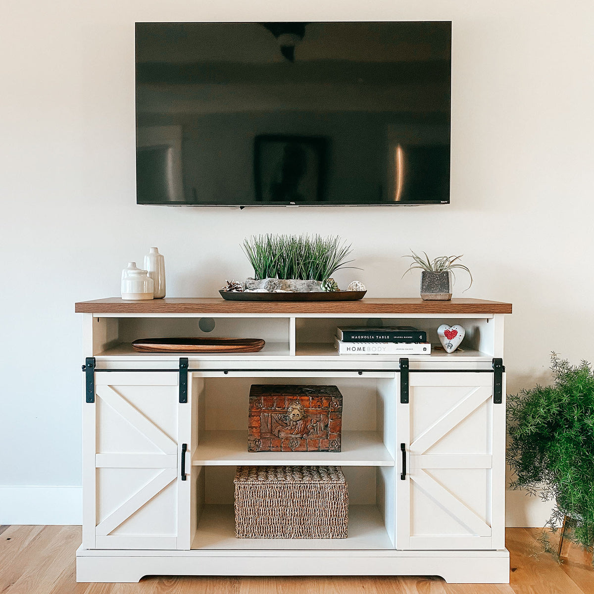 PHI VILLA Farmhouse Sliding Double Barn Door Cabinet TV Stand for TVs up to 55"