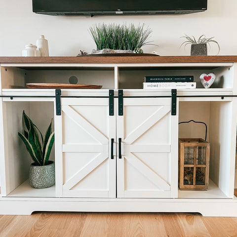 PHI VILLA Farmhouse Sliding Double Barn Door Cabinet TV Stand for TVs up to 55"