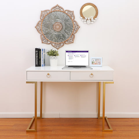 PHI VILLA Double Drawer Desk with Steel Legs, Home Office Computer Desk or Vanity Table