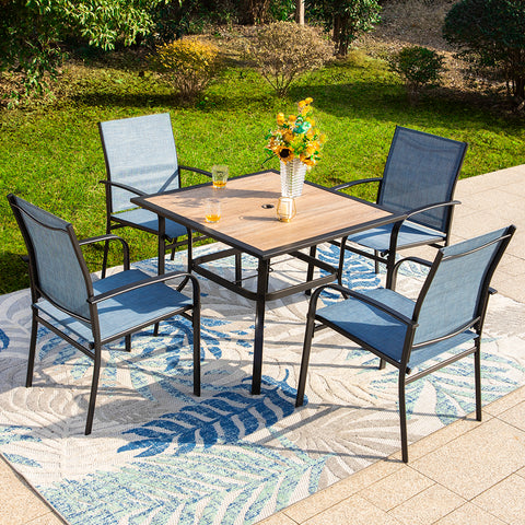 5-Piece Patio Dining Sets Wood-look Square Table & Light Textilene Fixed Chair
