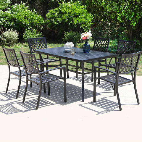 7-Piece Steel Panel Table and 6 Stackable Chairs Outdoor Patio Dining Sets