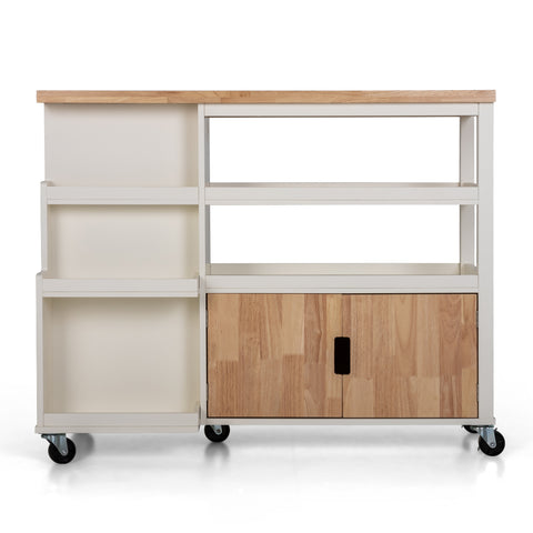PHI VILLA Rubber Wood Tabletop Kitchen Island Cart with Side Drawers and Shelves, Warm White