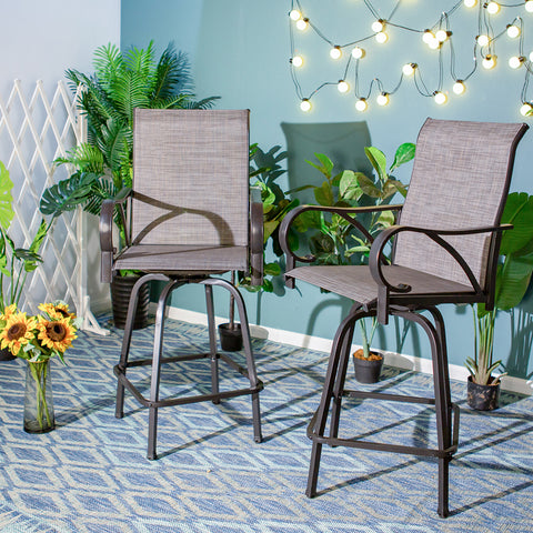 Grey Textilene Sling Fabric Patio Swivel High Bar Stools