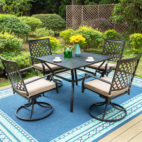Square Table and Cushioned Swivel Chairs 5-Piece Metal Patio Dining Set