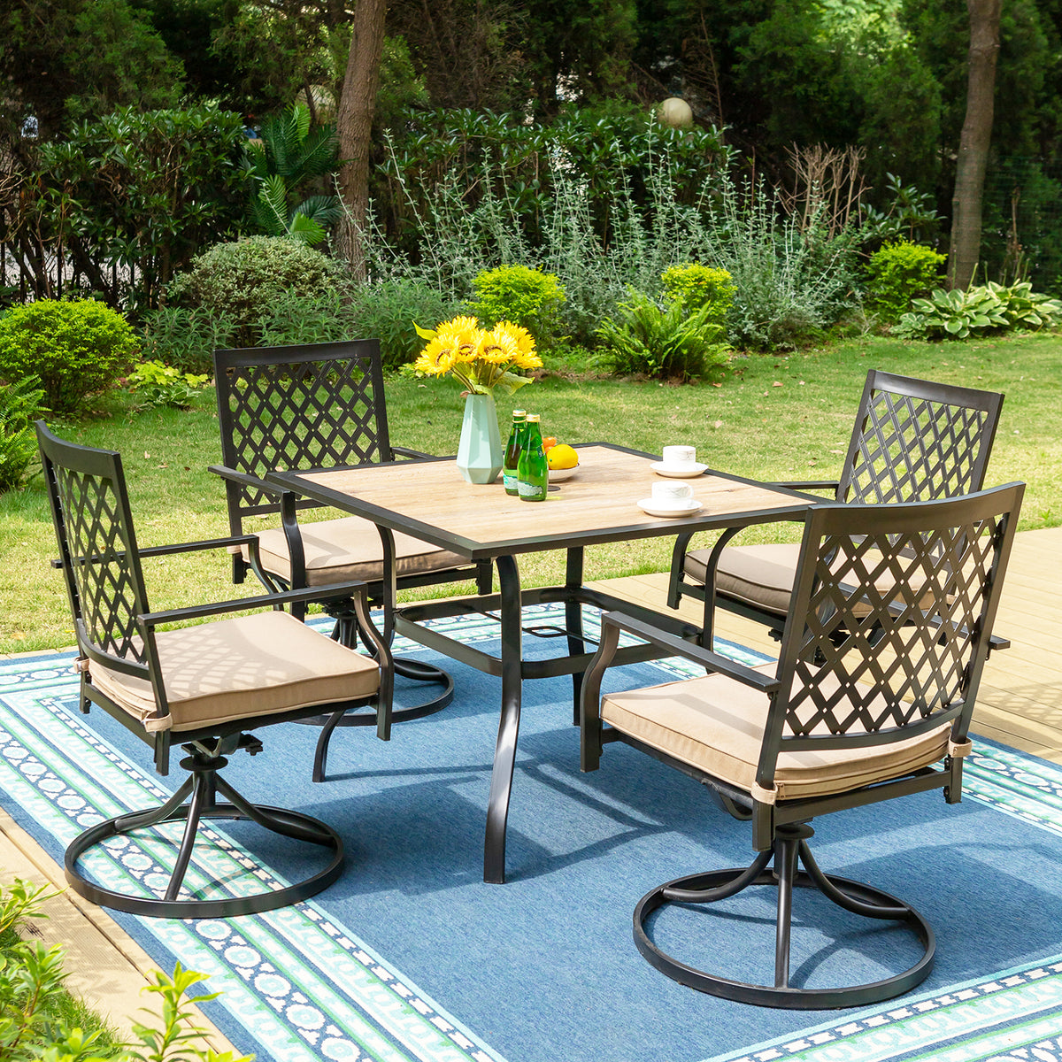 Wood-look Table and 4 Pattern Swivel Chairs with Cushion 5-Piece Metal Outdoor Patio Dining Set