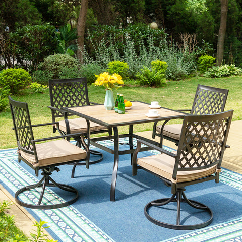 Wood-look Table and 4 Pattern Swivel Chairs with Cushion 5-Piece Metal Outdoor Patio Dining Set