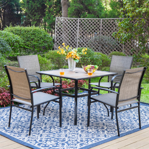 5-Piece Patio Dining Sets Wood-look Square Table & Light Textilene Fixed Chair