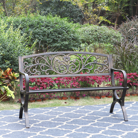 50 Inch Cast Iron Steel Frame Flower Pattern Garden Bench