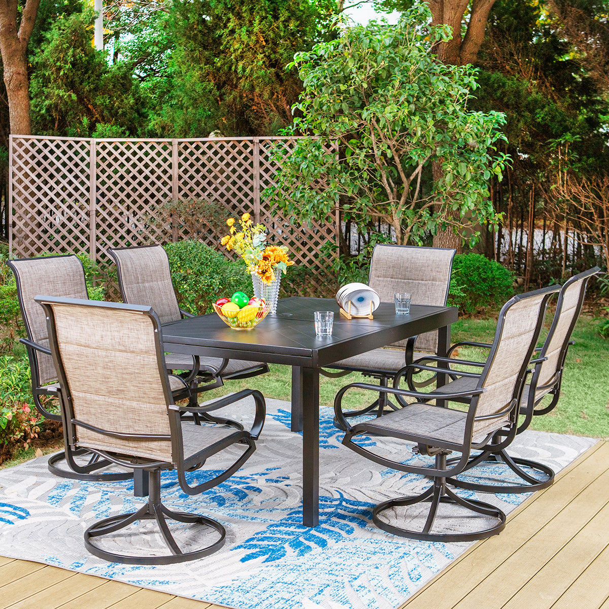 9/7-Piece Patio Dining Sets Extendable Table with Engraved Line &  Textilene Patio Swivel Chairs