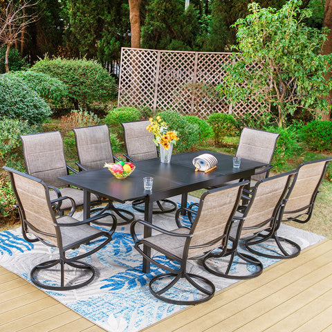9/7-Piece Patio Dining Sets Extendable Table with Engraved Line &  Textilene Patio Swivel Chairs