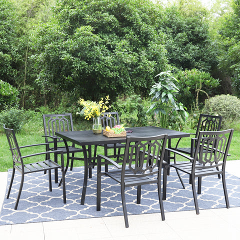 7-Piece Steel Panel Table and 6 Stackable Chairs Outdoor Patio Dining Sets