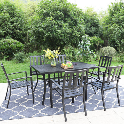 7-Piece Steel Panel Table and 6 Stackable Chairs Outdoor Patio Dining Sets