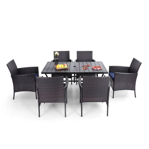 7-Piece Rattan Steel Cushioned Patio Chairs & Steel Panel Table Outdoor Dining Set