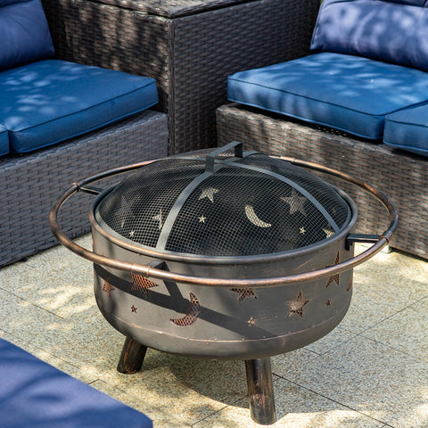 30" 2-In-1 Moon & Star Pattern Patio Fire Pit with Grilling Grid