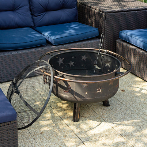 30" 2-In-1 Moon & Star Pattern Patio Fire Pit with Grilling Grid