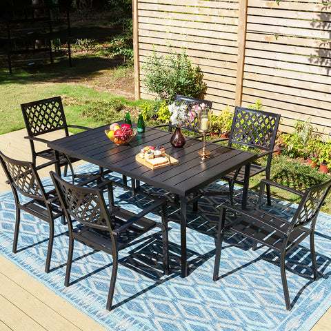 7-Piece Steel Panel Table and 6 Stackable Chairs Outdoor Patio Dining Sets