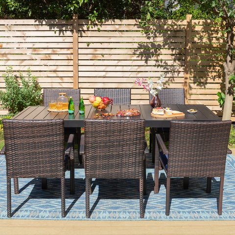 Rattan Wicker Cushioned Dining Chairs Set with Extendable Table