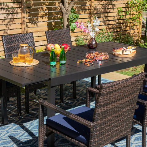 Rattan Wicker Cushioned Dining Chairs Set with Extendable Table