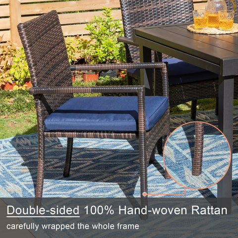 Rattan Wicker Cushioned Dining Chairs Set with Extendable Table