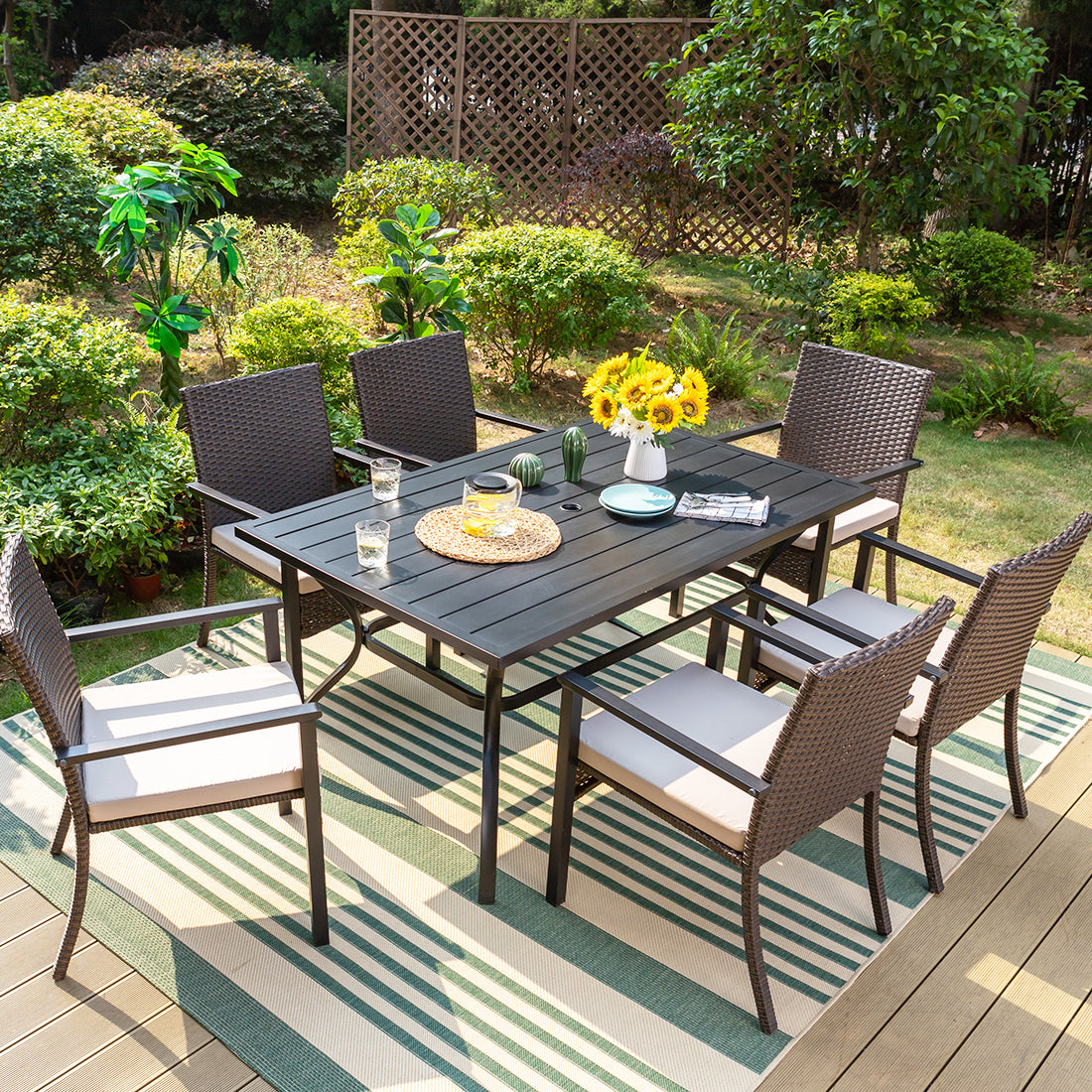 7-Piece Steel Table & Rattan Cushion Dining Chairs Outdoor Patio Dining Set