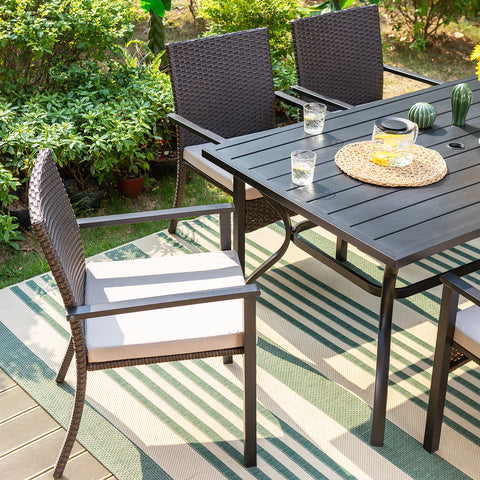 7-Piece Steel Table & Rattan Cushion Dining Chairs Outdoor Patio Dining Set
