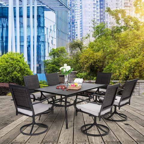 7-Piece Outdoor Dining Set Steel Table & Rattan Swivel Chairs