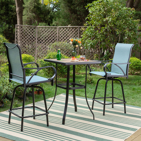 Aqua Textilene Swivel Patio Bar Stool Sets with Wood-look High Bar Table