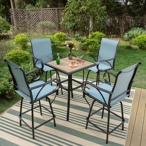 Aqua Textilene Swivel Patio Bar Stool Sets with Wood-look High Bar Table