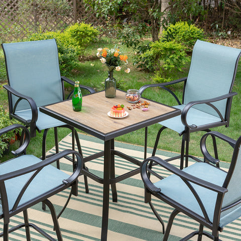 Aqua Textilene Swivel Patio Bar Stool Sets with Wood-look High Bar Table