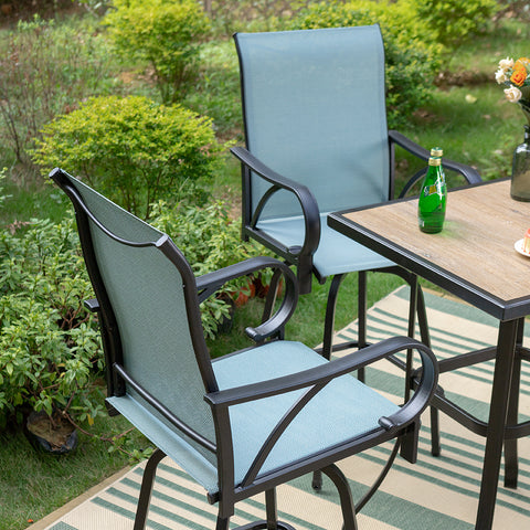 Aqua Textilene Swivel Patio Bar Stool Sets with Wood-look High Bar Table