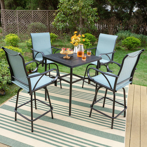 Aqua Textilene Swivel Patio Bar Stool Sets with Geometrically-stamped High Bar Table
