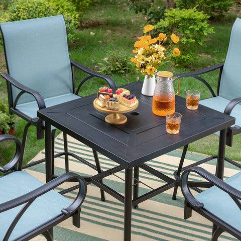 Aqua Textilene Swivel Patio Bar Stool Sets with Geometrically-stamped High Bar Table