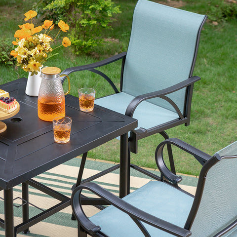 Aqua Textilene Swivel Patio Bar Stool Sets with Geometrically-stamped High Bar Table