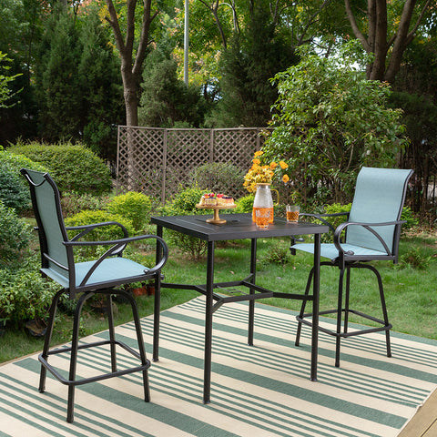 Aqua Textilene Swivel Patio Bar Stool Sets with Geometrically-stamped High Bar Table
