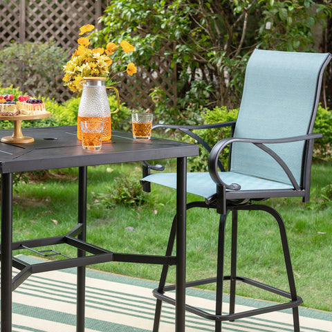 Aqua Textilene Swivel Patio Bar Stool Sets with Geometrically-stamped High Bar Table