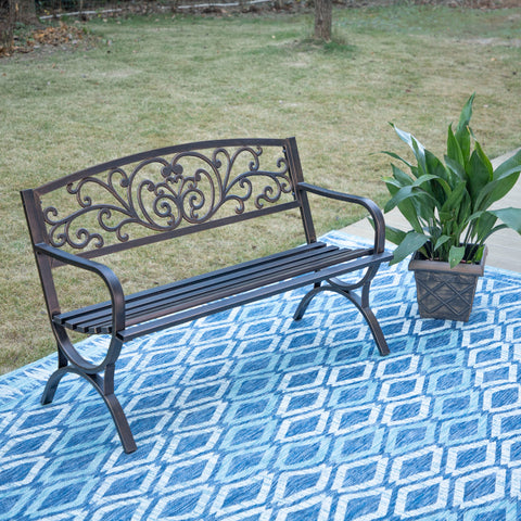 50 Inch Cast Iron Steel Frame Flower Pattern Garden Bench