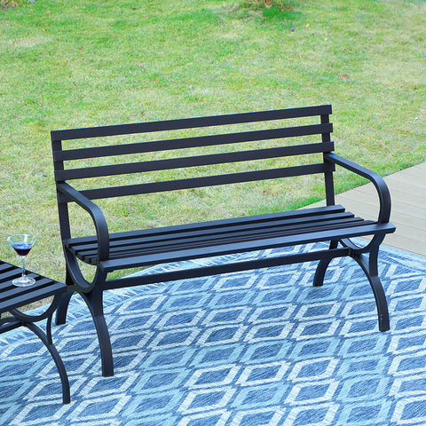 Black Outdoor Bench Set, Single Seat Chair & Metal Side Table