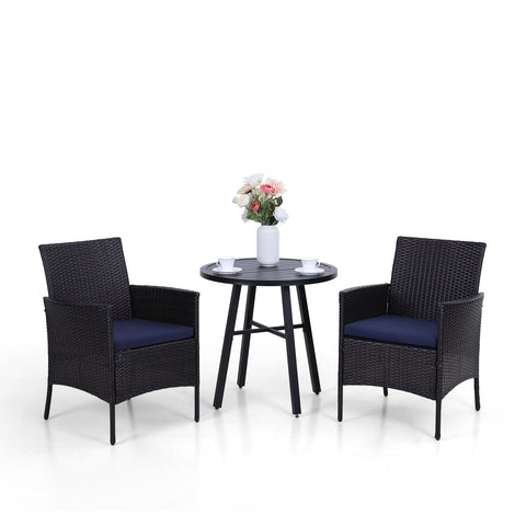Small Round Table & Cushioned Rattan Dining Chairs 3-Piece Patio Bistro Set