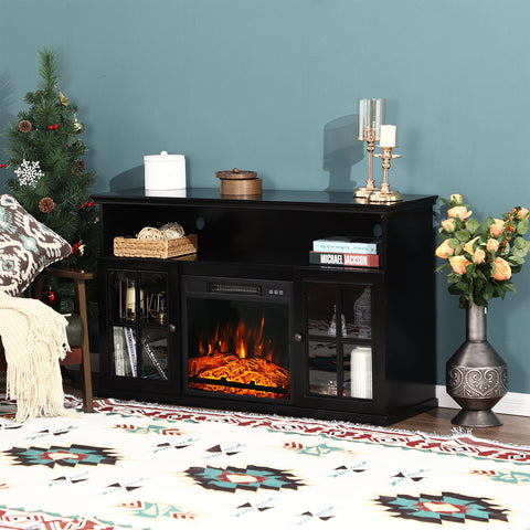 PHI VILLA 48'' Classic Glass Door Wooden Fireplace Cabinet Corner TV Stand with Electric Fireplace