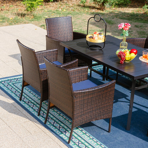 7-Piece Rattan Steel Cushioned Patio Chairs & Steel Panel Table Outdoor Dining Set
