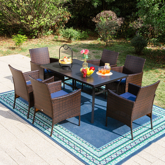 7-Piece Rattan Steel Cushioned Patio Chairs & Steel Panel Table Outdoor Dining Set