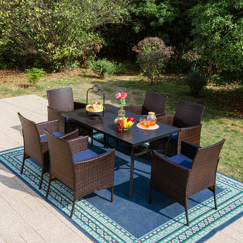 7-Piece Rattan Steel Cushioned Patio Chairs & Steel Panel Table Outdoor Dining Set