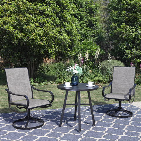 3-Piece Patio Bistro Set Small Round Tea Table & Textilene Swivel Chairs