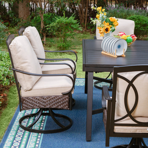 9/7-Piece Patio Dining Sets Reinforced Extendable Table & Thick-Cushion Swivel Chairs