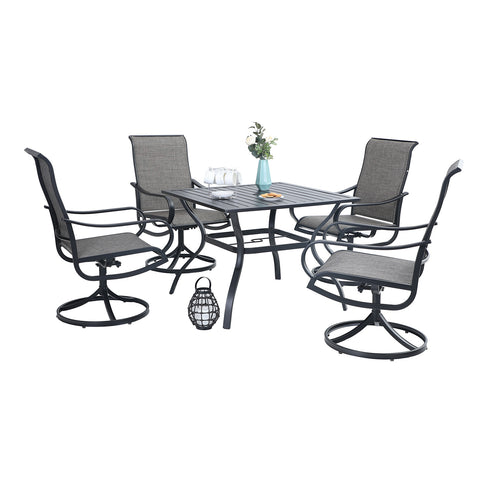 5-Piece Steel Square Table & Textilene Swivel Chairs Outdoor Patio Dining Set