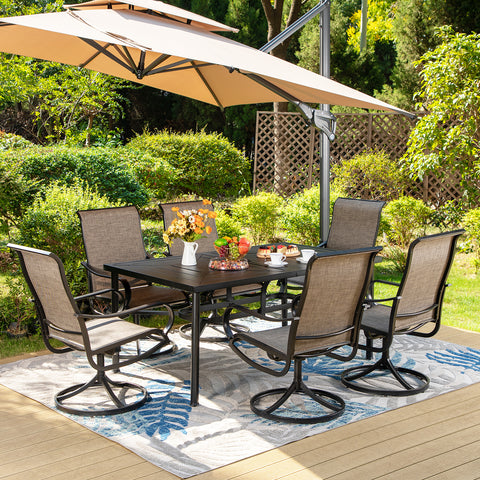 7-Piece Patio Dining Set Geometrically Stamped Rectangle Table & Textilene Swivel Chairs
